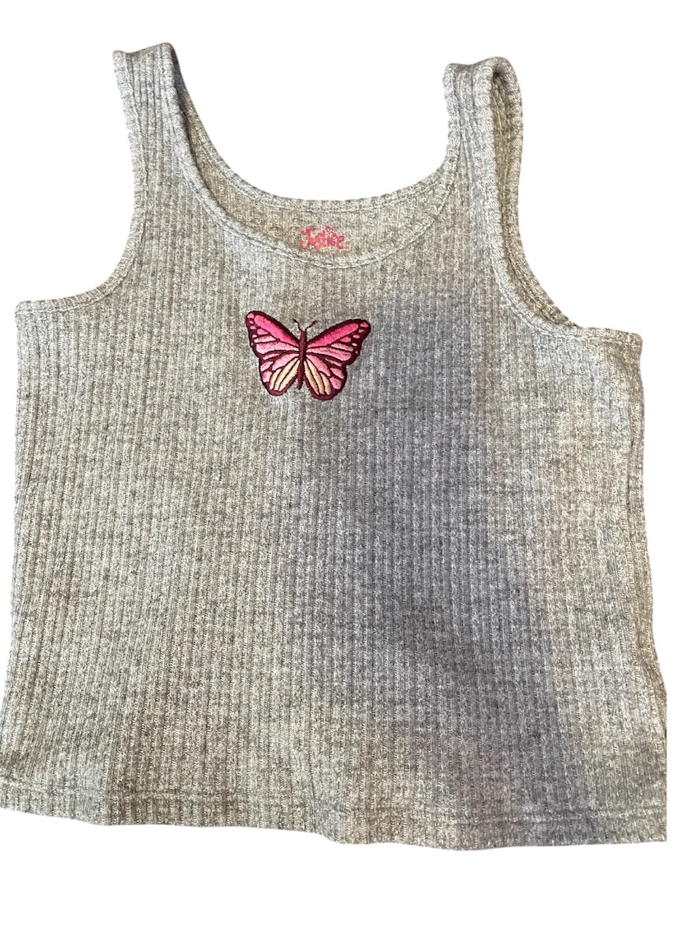 Justice Gray Ribbed Tank with Pink Butterfly Patch